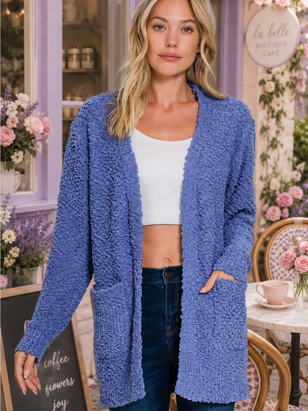 ZENANA MARLIN LONG SLEEVE POPCORN SWEATER CARDIGAN WITH POCKETS